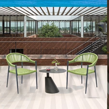 Set mit Tisch und 2 Stühlen, für Garten oder Terrasse, Aluminium in Dunkelgrau, grün geflochtene Kordel, Oasis