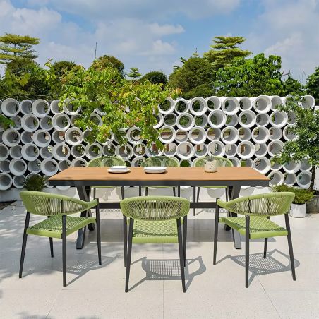Möbelset für 6 Personen, Garten oder Terrasse, Aluminium in dunkelgrau, Tisch 200 cm + 6 Stühle mit grüner Seilflechtung, Zen