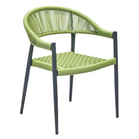 Möbelset für 6 Personen, Garten oder Terrasse, Aluminium in dunkelgrau, Tisch 200 cm + 6 Stühle mit grüner Seilflechtung, Zen