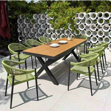 Möbelset für 6 Personen, Garten oder Terrasse, Aluminium in dunkelgrau, Tisch 200 cm + 6 Stühle mit grüner Seilflechtung, Zen
