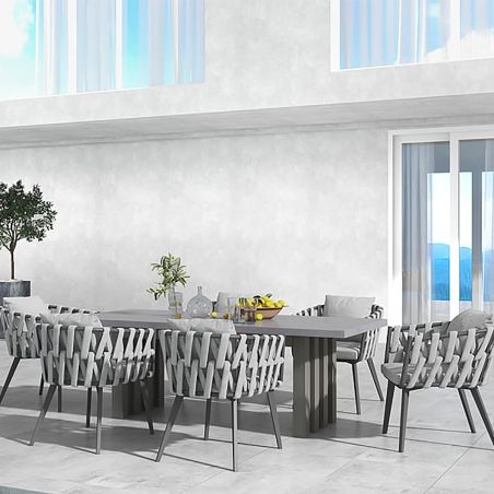 Möbelset für Garten oder Terrasse, 6 Stühle, ausziehbarer Tisch, Aluminium und Seilflechtung, Riga