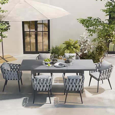 Möbelset für Garten oder Terrasse, 6 Stühle, ausziehbarer Tisch, Aluminium und Seilflechtung, Riga