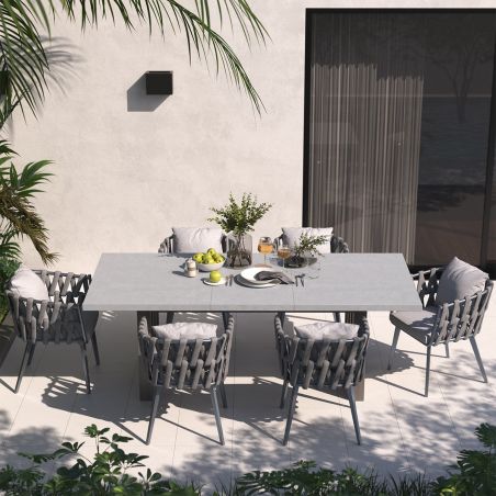 Möbelset für Garten oder Terrasse, 6 Stühle, ausziehbarer Tisch, Aluminium und Seilflechtung, Riga