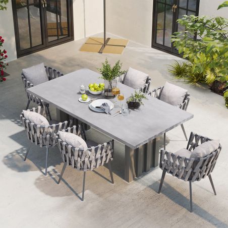 Möbelset für Garten oder Terrasse, 8 Stühle, ausziehbarer Tisch, Aluminium und Seilflechtung, Riga