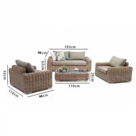 Möbelset, Garten oder Terrasse, Sofa, 2 Sessel, Kaffeetisch, Aluminiumgestell, Polyrattan, Augusta