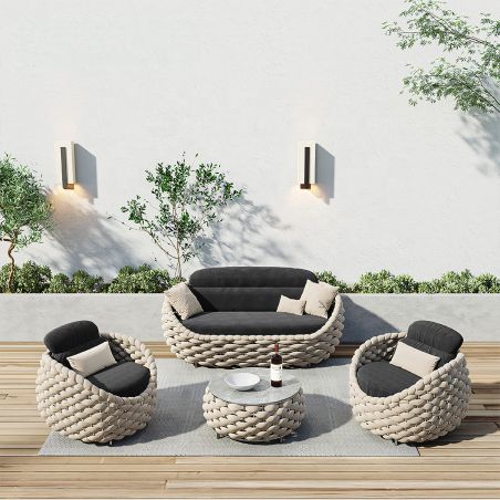 Möbelset für Garten oder Terrasse, Cremefarben, Sofa, Sessel, Couchtisch, Aluminium, Seilgeflecht, Dylan