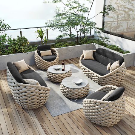 Möbelset für Garten oder Terrasse, Cremefarben, Sofa, Sessel, Couchtisch, Aluminium, Seilgeflecht, Dylan