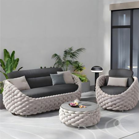 Möbelset für Garten oder Terrasse, Cremefarben, Sofa, Sessel, Couchtisch, Aluminium, Seilgeflecht, Dylan
