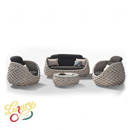 Möbelset für Garten oder Terrasse, Cremefarben, Sofa, Sessel, Couchtisch, Aluminium, Seilgeflecht, Dylan