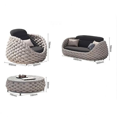 Möbelset für Garten oder Terrasse, Cremefarben, Sofa, Sessel, Couchtisch, Aluminium, Seilgeflecht, Dylan