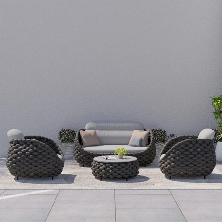 Möbelset für Garten oder Terrasse, Sofa, Sessel, Couchtisch, Aluminium, Seilgeflecht, Dylan