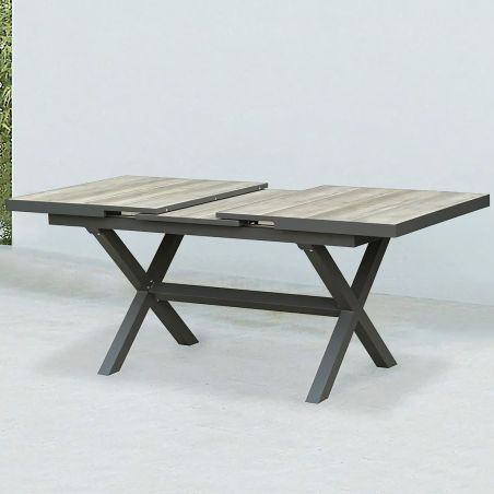 Möbelset für 6 Personen, Garten oder Terrasse, Aluminium, ausziehbarer Tisch mit Steinplatte, Seilgeflecht, Maldives