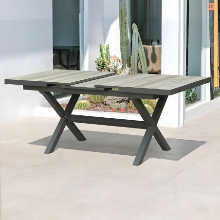 Möbelset für 6 Personen, Garten oder Terrasse, Aluminium, ausziehbarer Tisch mit Steinplatte, Seilgeflecht, Maldives