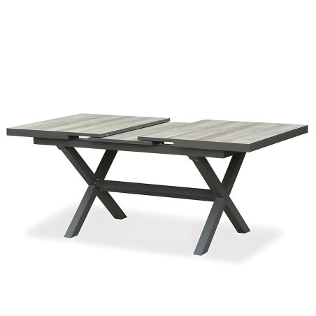 Möbelset für 6 Personen, Garten oder Terrasse, Aluminium, ausziehbarer Tisch mit Steinplatte, Seilgeflecht, Maldives
