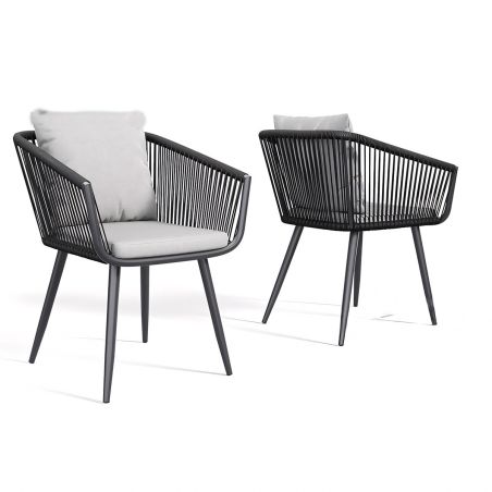 Möbelset für 6 Personen, Garten oder Terrasse, Aluminium, ausziehbarer Tisch mit Steinplatte, Seilgeflecht, Maldives