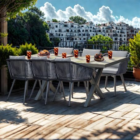 Möbelset für 6 Personen, Garten oder Terrasse, Aluminium, ausziehbarer Tisch mit Steinplatte, Seilgeflecht, Maldives