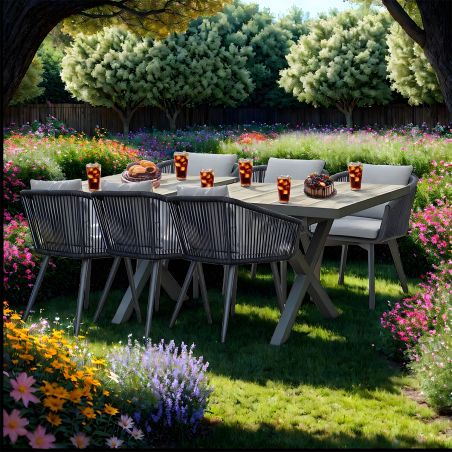 Möbelset für 6 Personen, Garten oder Terrasse, Aluminium, ausziehbarer Tisch mit Steinplatte, Seilgeflecht, Maldives