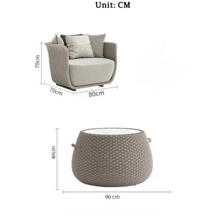 Möbelset, Garten oder Terrasse, Sessel, 2-Sitzer-Sofa, Tisch, Aluminium, Seilgeflecht, Creme-Sitzfläche, olivgrüne Kissen, NIKO
