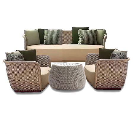 Möbelset, Garten oder Terrasse, Sessel, 2-Sitzer-Sofa, Tisch, Aluminium, Seilgeflecht, Creme-Sitzfläche, olivgrüne Kissen, NIKO