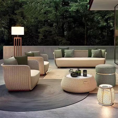 Möbelset, Garten oder Terrasse, Sessel, 2-Sitzer-Sofa, Tisch, Aluminium, Seilgeflecht, Creme-Sitzfläche, olivgrüne Kissen, NIKO