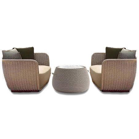 Möbelset, Garten oder Terrasse, Sessel, 2-Sitzer-Sofa, Tisch, Aluminium, Seilgeflecht, Creme-Sitzfläche, olivgrüne Kissen, NIKO