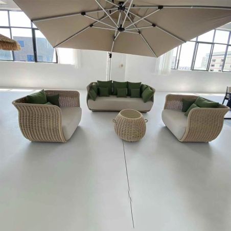 Möbelset, Garten oder Terrasse, Sessel, 2-Sitzer-Sofa, Tisch, Aluminium, Seilgeflecht, Creme-Sitzfläche, olivgrüne Kissen, NIKO
