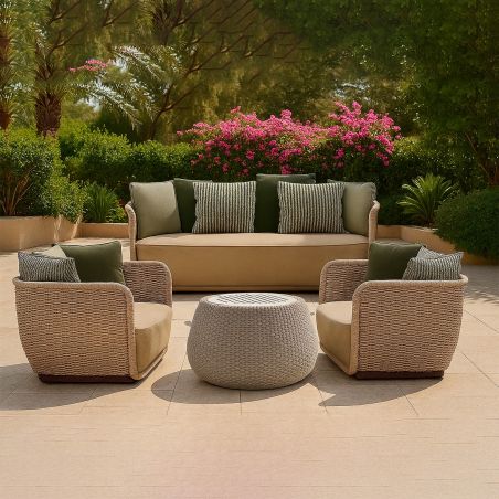 Möbelset, Garten oder Terrasse, Sessel, 2-Sitzer-Sofa, Tisch, Aluminium, Seilgeflecht, Creme-Sitzfläche, olivgrüne Kissen, NIKO