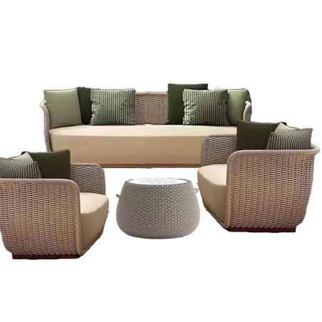 Möbelset, Garten oder Terrasse, Sessel, 3-Sitzer-Sofa, Tisch, Aluminium, Seilgeflecht, Creme-Sitzfläche, olivgrüne Kissen, NIKO