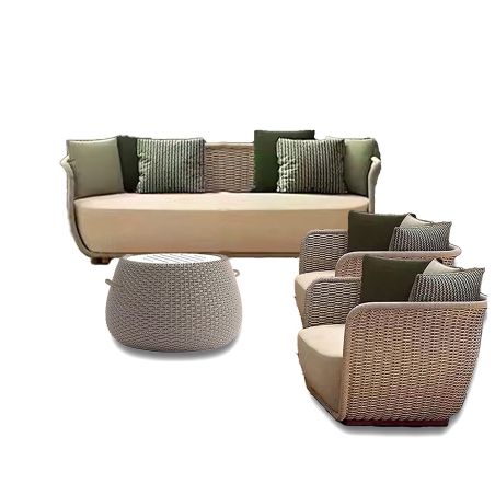 Möbelset, Garten oder Terrasse, Sessel, 3-Sitzer-Sofa, Tisch, Aluminium, Seilgeflecht, Creme-Sitzfläche, olivgrüne Kissen, NIKO
