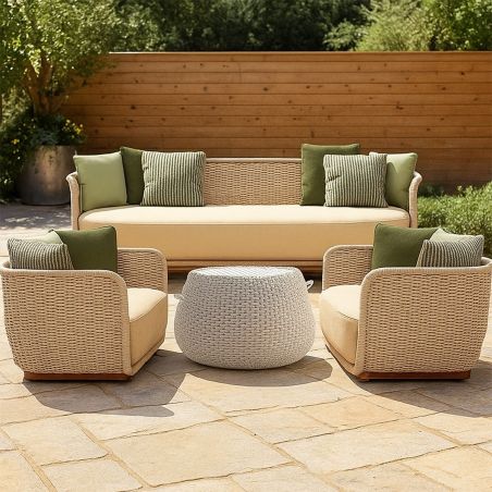 Möbelset, Garten oder Terrasse, Sessel, 3-Sitzer-Sofa, Tisch, Aluminium, Seilgeflecht, Creme-Sitzfläche, olivgrüne Kissen, NIKO