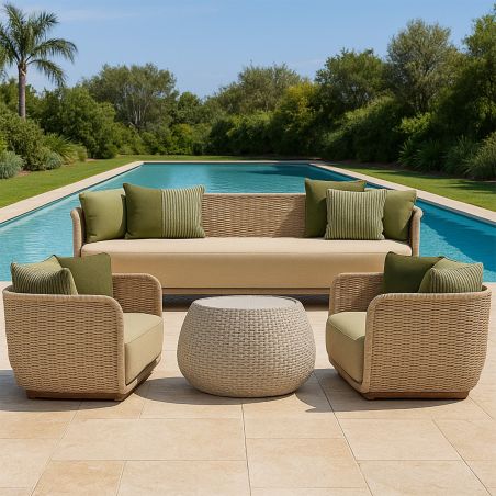 Möbelset, Garten oder Terrasse, Sessel, 3-Sitzer-Sofa, Tisch, Aluminium, Seilgeflecht, Creme-Sitzfläche, olivgrüne Kissen, NIKO