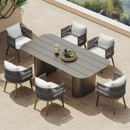 Möbelset für 6 Personen, Garten oder Terrasse, Aluminium, robuster Tisch 214x100 cm + 6 Stühle mit Seilgeflecht, Nova Luxe