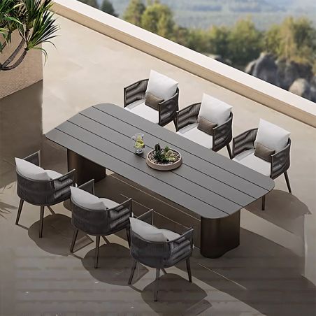 Möbelset für 6 Personen, Garten oder Terrasse, Aluminium, robuster Tisch 214x100 cm + 6 Stühle mit Seilgeflecht, Nova Luxe