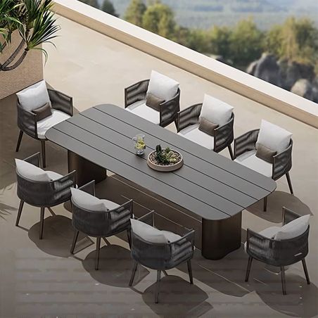 Möbelset für 6 Personen, Garten oder Terrasse, Aluminium, robuster Tisch 214x100 cm + 6 Stühle mit Seilgeflecht, Nova Luxe