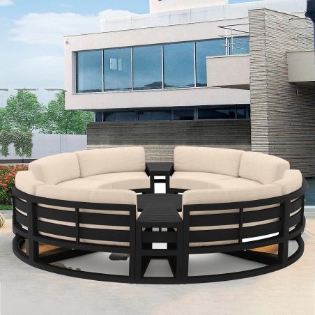 Set Rundes Garten- oder Terrassenmöbel, Aluminiumrahmen, 7-teilig, Dunkelgrau, Inklusive Kissen in Creme, Coral