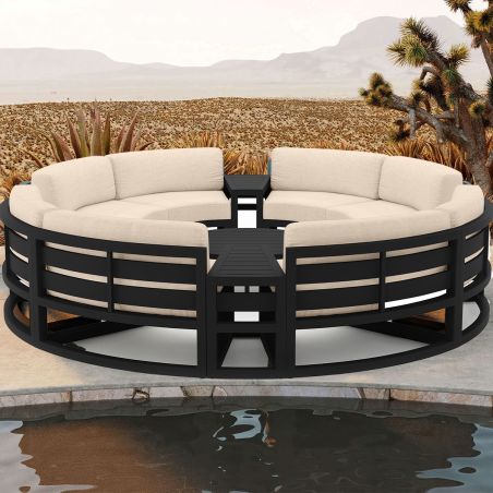 Set Rundes Garten- oder Terrassenmöbel, Aluminiumrahmen, 7-teilig, Dunkelgrau, Inklusive Kissen in Creme, Coral