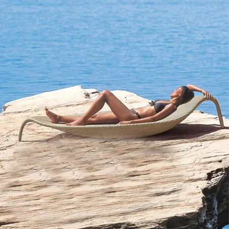 Strandliege, Aluminium, Polyrattan-Geflecht, Blattform, 195x80x45 cm, Beige, Verdi
