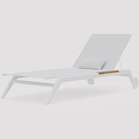 Strandliege aus Aluminium und Teakholz, höhenverstellbar, 2 Rollen, 203x70x35 cm, UV-beständiges Texlin-Gewebe, Weiß, Horizon