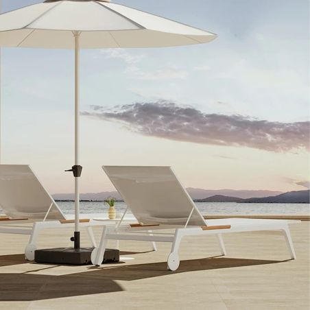 Strandliege aus Aluminium und Teakholz, höhenverstellbar, 2 Rollen, 203x70x35 cm, UV-beständiges Texlin-Gewebe, Weiß, Horizon