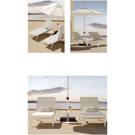 Strandliege aus Aluminium und Teakholz, höhenverstellbar, 2 Rollen, 203x70x35 cm, UV-beständiges Texlin-Gewebe, Weiß, Horizon