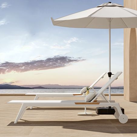 Strandliege aus Aluminium und Teakholz, höhenverstellbar, 2 Rollen, 203x70x35 cm, UV-beständiges Texlin-Gewebe, Weiß, Horizon