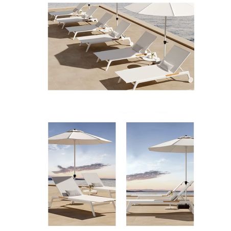 Strandliege aus Aluminium und Teakholz, höhenverstellbar, 2 Rollen, 203x70x35 cm, UV-beständiges Texlin-Gewebe, Weiß, Horizon