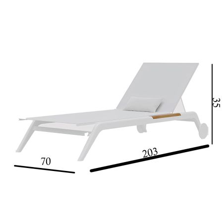 Strandliege aus Aluminium und Teakholz, höhenverstellbar, 2 Rollen, 203x70x35 cm, UV-beständiges Texlin-Gewebe, Weiß, Horizon