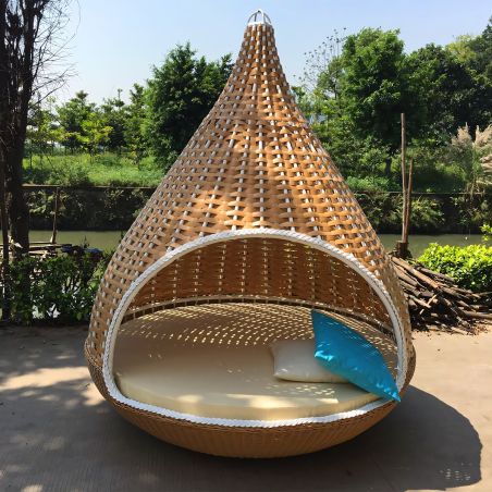 Außenbett für Garten oder Terrasse, Nestform, 10 Kissen, Aluminiumrahmen, Rattangeflecht, Durchmesser 180x220 cm, Rustica