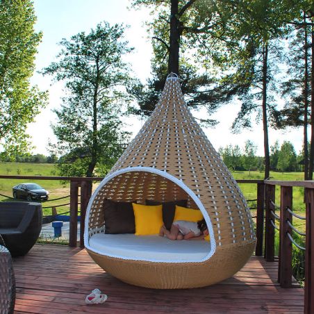 Außenbett für Garten oder Terrasse, Nestform, 10 Kissen, Aluminiumrahmen, Rattangeflecht, Durchmesser 180x220 cm, Rustica