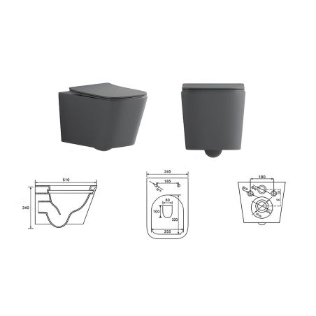 Toilettenschüssel, Rimless, Mattgrau, Power Colour, Wandmontage, inkl. Slim-Duroplast-Sitz mit Soft-Close, Alfonso
