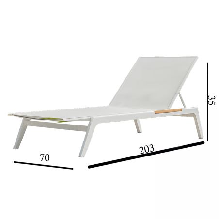 Strandliege aus Aluminium und Teakholz, höhenverstellbar, 203x70x35 cm, UV-beständiges Texlin-Gewebe, Weiß, Horizon