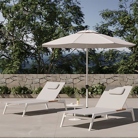 Strandliege aus Aluminium und Teakholz, höhenverstellbar, 203x70x35 cm, UV-beständiges Texlin-Gewebe, Weiß, Horizon