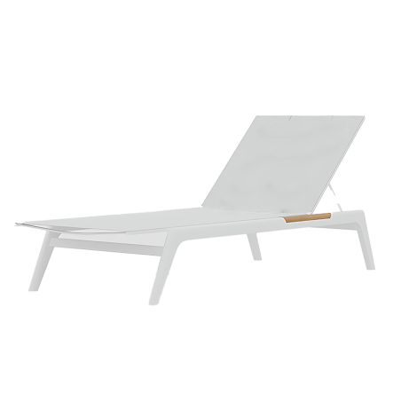 Strandliege aus Aluminium und Teakholz, höhenverstellbar, 203x70x35 cm, UV-beständiges Texlin-Gewebe, Weiß, Horizon