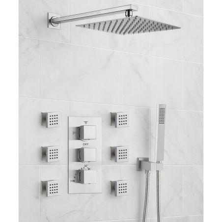 Duschsystem mit Thermostat, 6 Massagedüsen, wandbündige Montage, Messing, Chrom, Vento